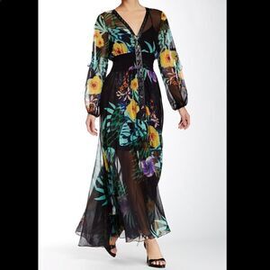 TOV Lace-Up Flora Print Chiffon Maxi  Dress NWT